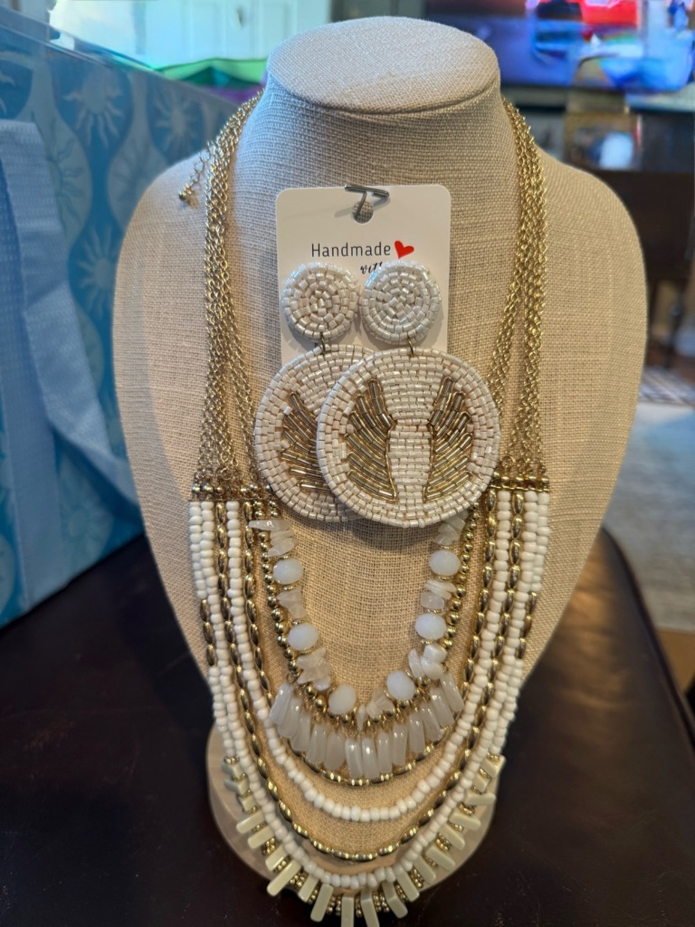 Handmade White and Gold Beaded Statement Necklace Set
